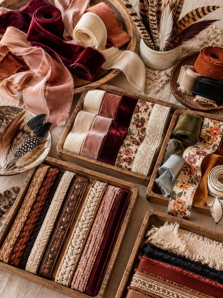Wooden trays of velvet and floral ribbons, braided and studded bands, frayed fabric bands and feathers
