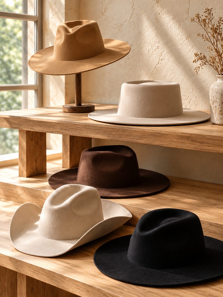 Plain felt hats in camel, cream, espresso and black displayed on wooden shelves
